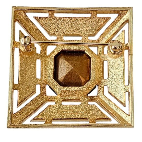 Jones New York Gold Tone Clear Rhinestone Square Open Brooch, Signed L357 - Picture 5 of 8